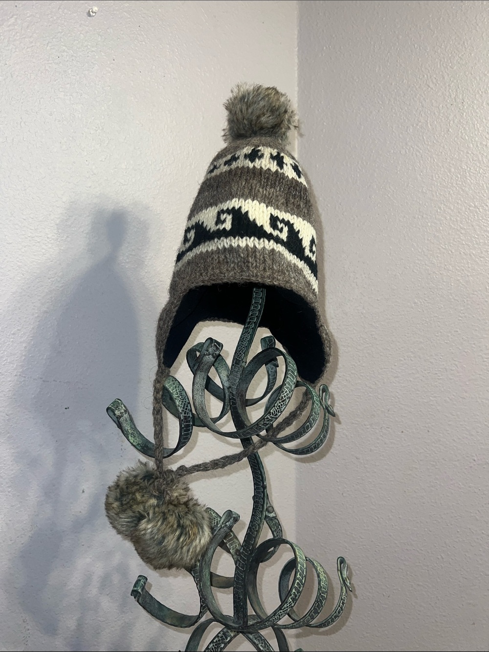 Pom Pom Earflap Wool Beanie - Brown, Cream, Black